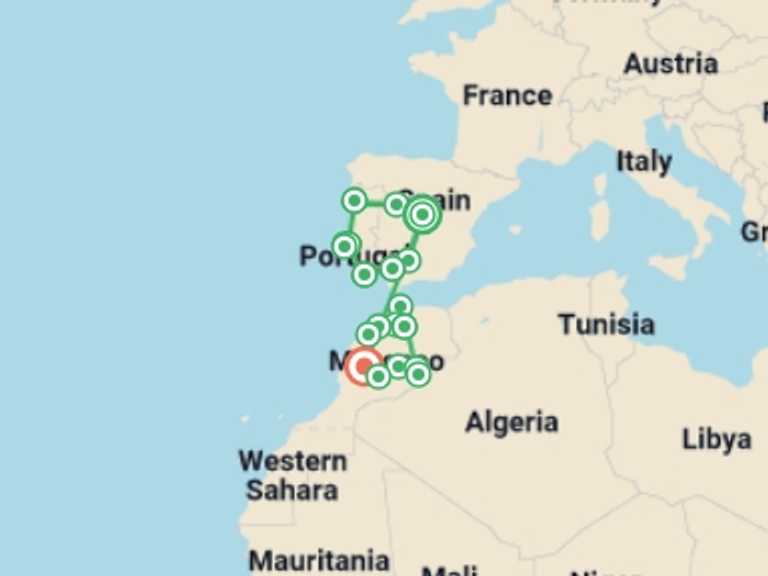 Map of Lisbon Cultural, religious and historic sites Tour with 15 destination visits for the trip: Spain, Portugal and Morocco Highlights