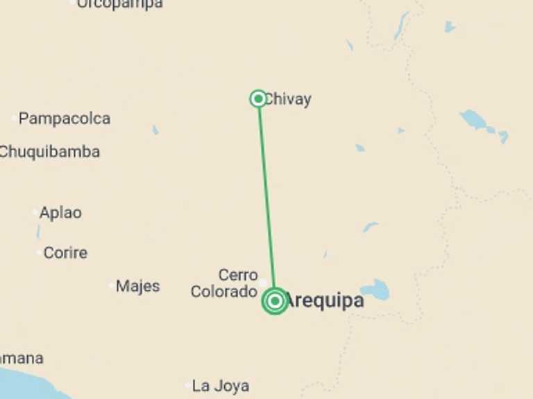Map itinerary of Arequipa Tour in September 2025 with 2 destination visits for the trip: 3-day Colca Canyon Trek and transfer to Puno - Shared Room