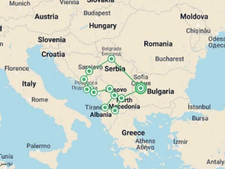 Map of Croatia Tour with 12 destination visits for the trip: Balkan Kaleidoscope — 8 Balkan Countries in 14 Days