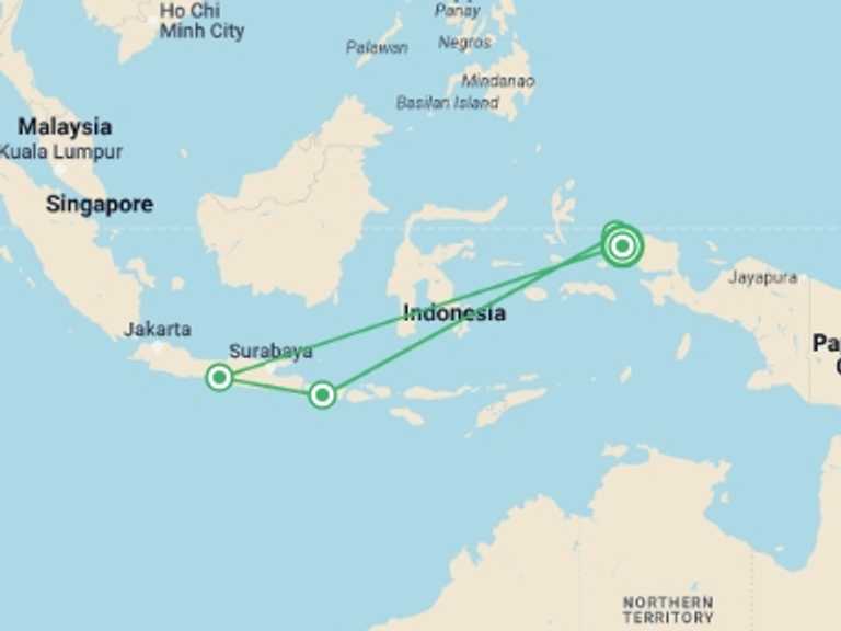 Map itinerary of Indonesia Tour in June 2027 with 5 destination visits for the trip: 4D Raja Ampat Tour