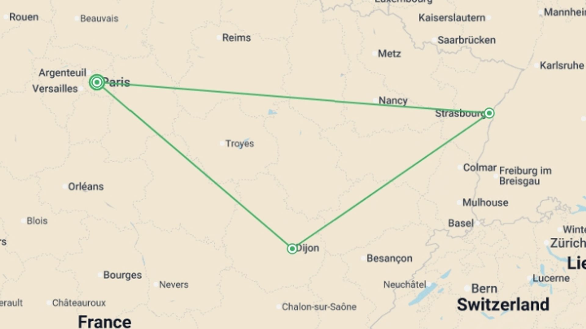A map showing the tour itinerary for the trip: Charms of Burgundy and Alsace, starting in Paris, France and ending in Paris, France going through 2 other destinations.