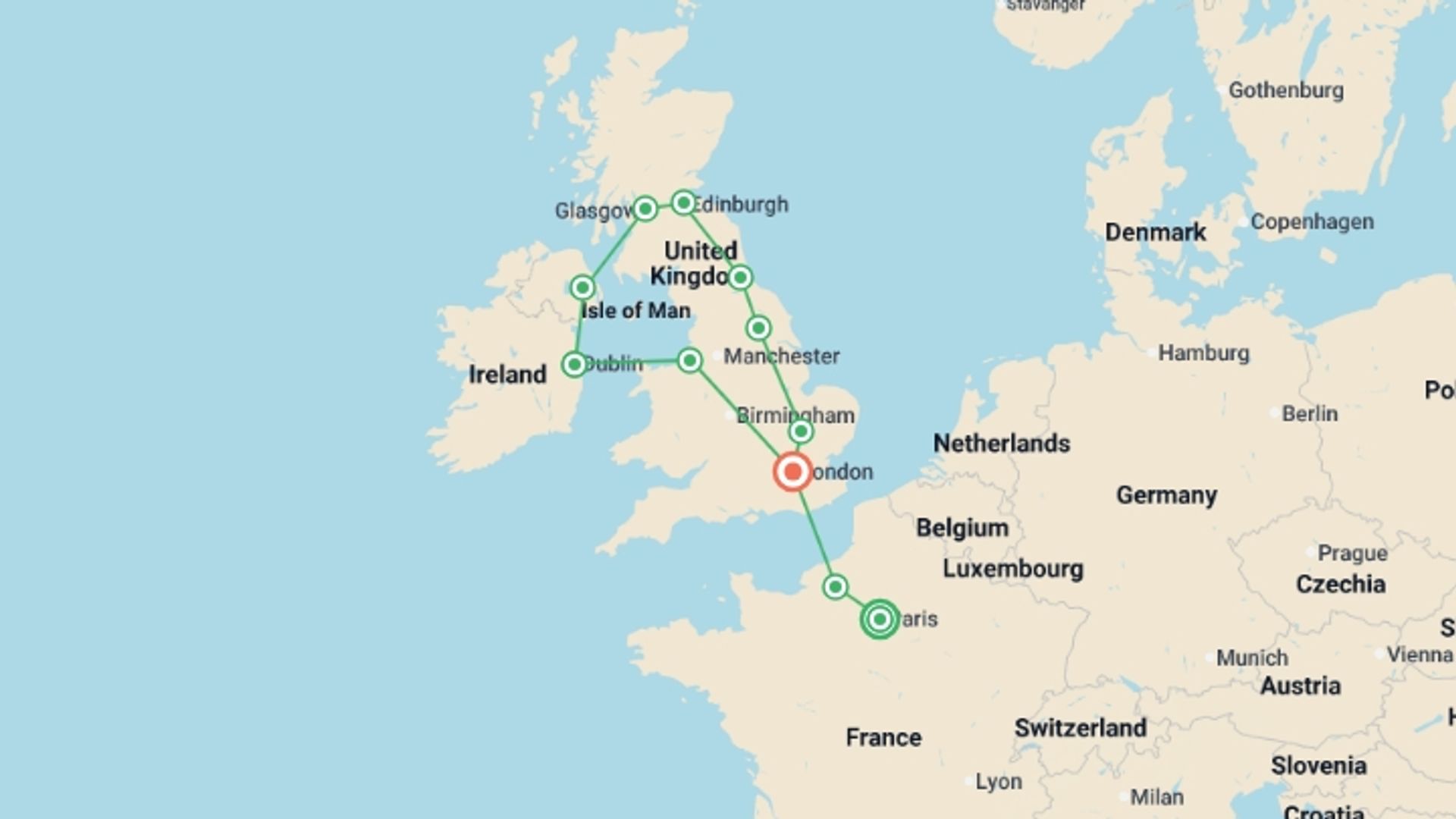 A map showing the tour itinerary for the trip: Atlantic Europe, starting in Paris, France and ending in London, England going through 6 other destinations.