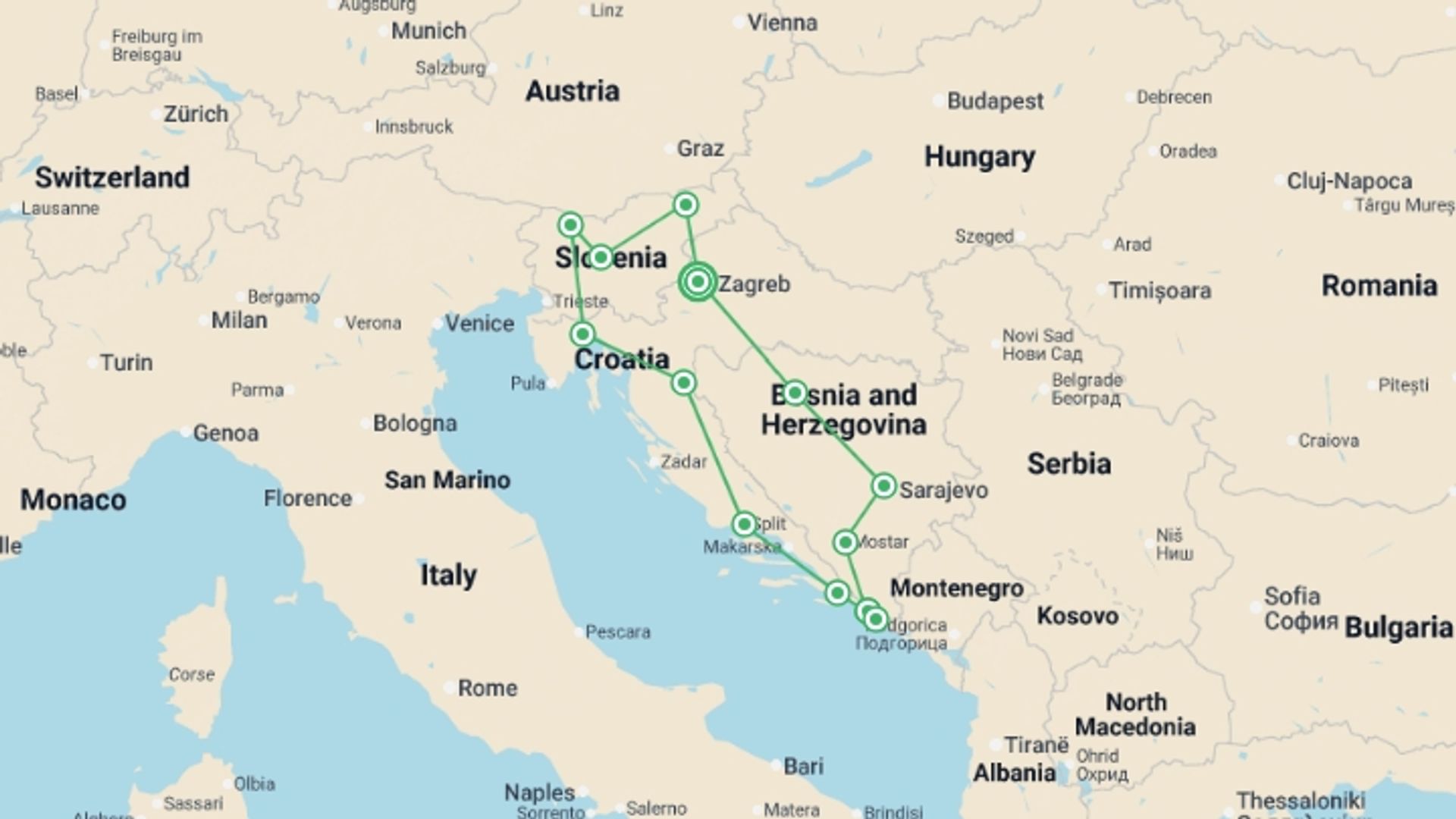 A map showing the tour itinerary for the trip: Picturesque Solo Croatia Bosnia and Slovenia, starting in Zagreb, Croatia and ending in Zagreb, Croatia going through 5 other destinations.
