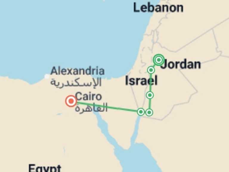 Map itinerary of Mediterranean Tour in December 2026 with 6 destination visits for the trip: Lights of Jordan and Cairo