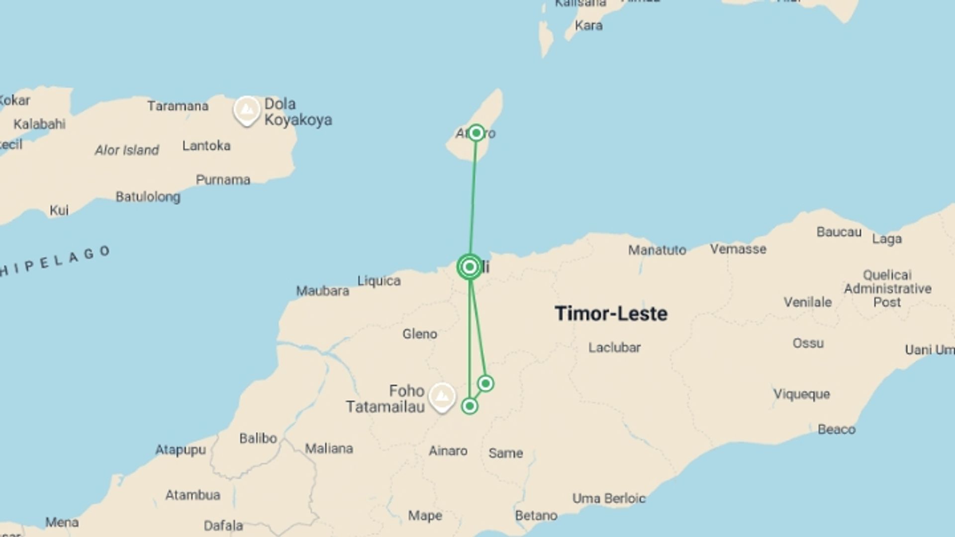 A map showing the tour itinerary for the trip: Timor-Leste Expedition, starting in Dili, Indonesia and ending in Dili, Indonesia going through 3 other destinations.