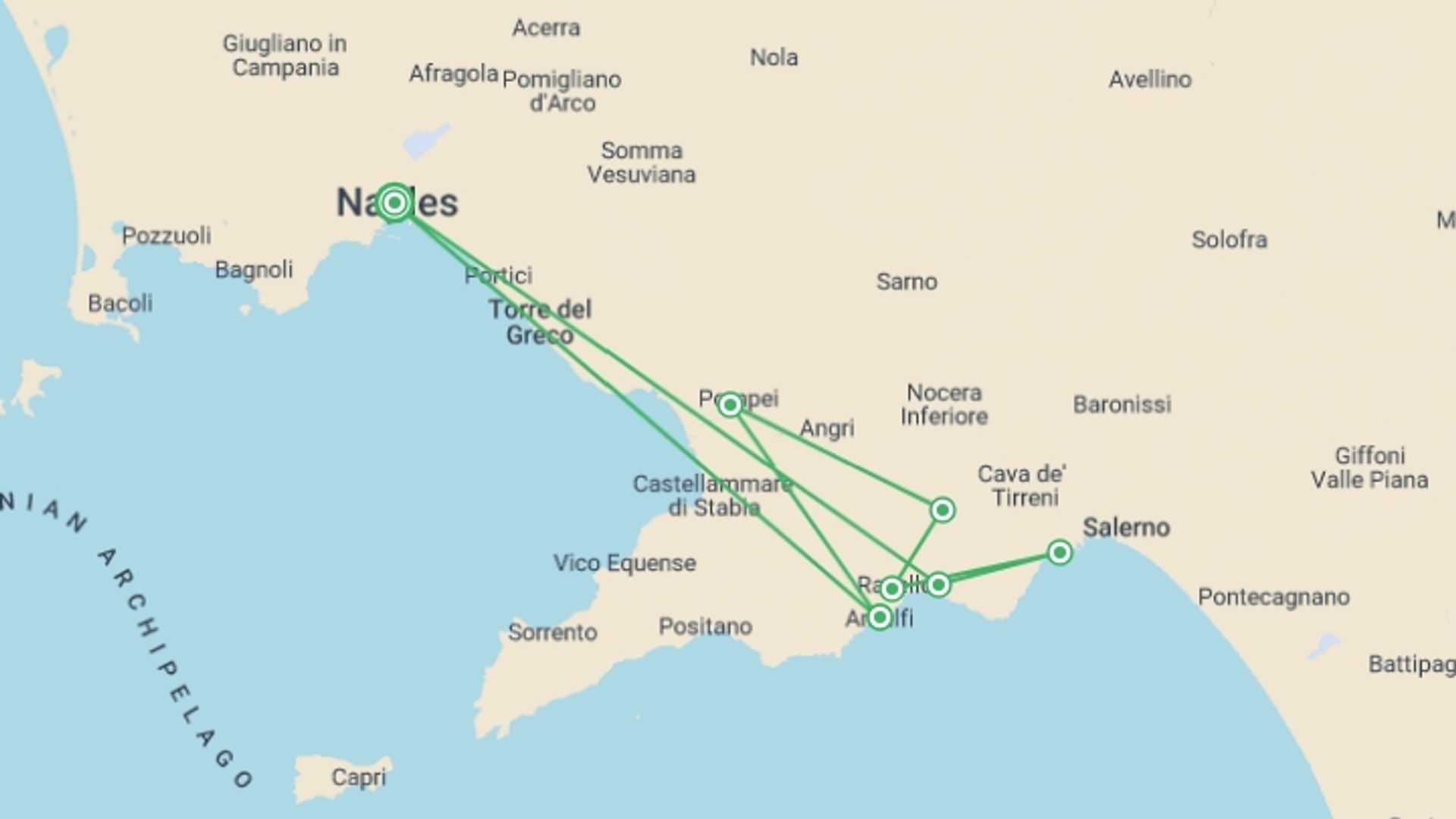 A map showing the tour itinerary for the trip: Amalfi Coast Walking - Coastal Hotel, starting in Naples, Italy and ending in Naples, Italy going through 6 other destinations.