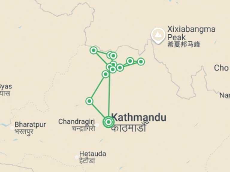Map itinerary of Asia Tour in May 2026 with 13 destination visits for the trip: Tamang Heritage & Langtang Valley Trek