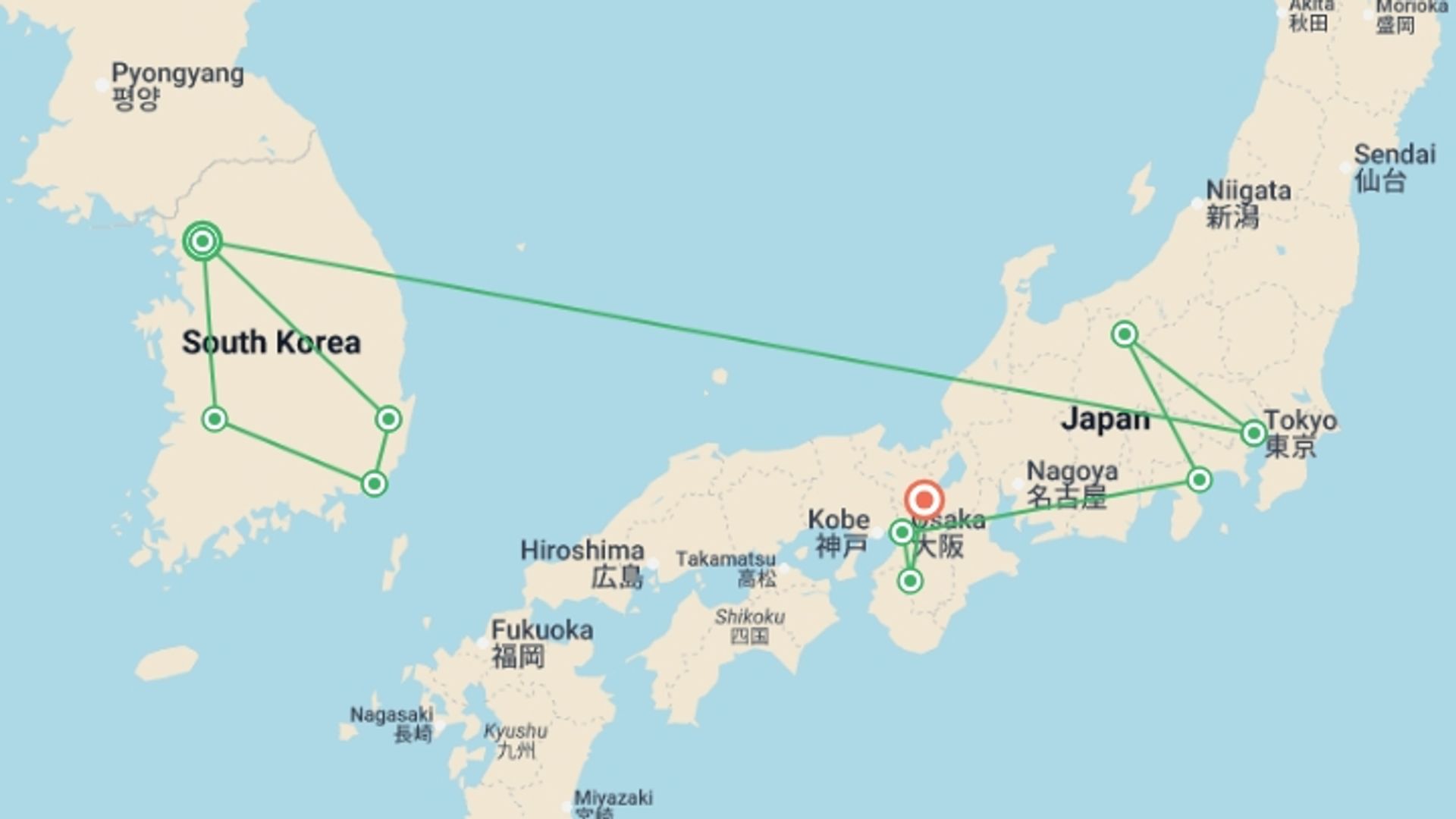 A map showing the tour itinerary for the trip: Seoul to Kyoto Adventure - 22 days, starting in Seoul, South Korea and ending in Kyoto, Japan going through 8 other destinations.