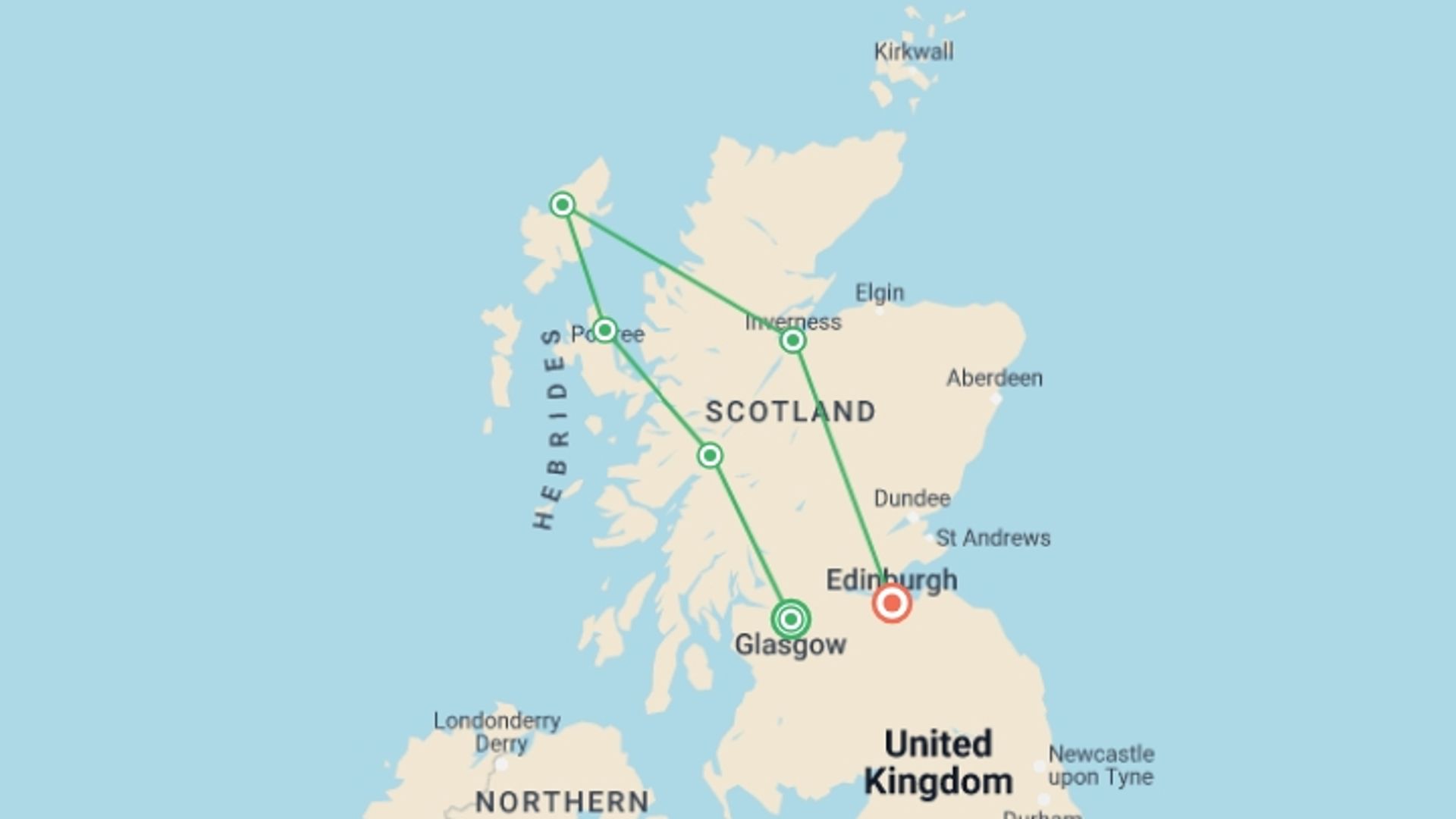 A map showing the tour itinerary for the trip: Highlights of Scotland, starting in Glasgow, Scotland and ending in Edinburgh, Scotland going through 4 other destinations.