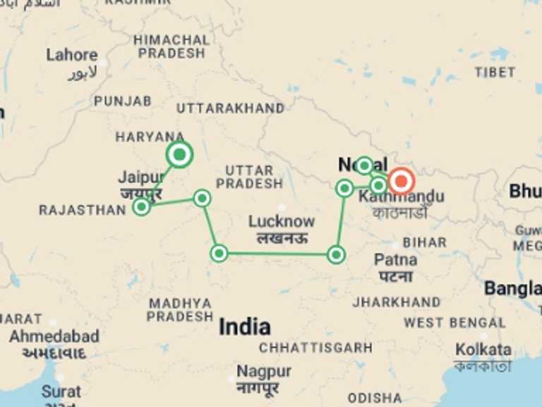 Map of New Delhi Natural landmarks sightseeing Tour with 9 destination visits for the trip: Delhi to Kathmandu Adventure