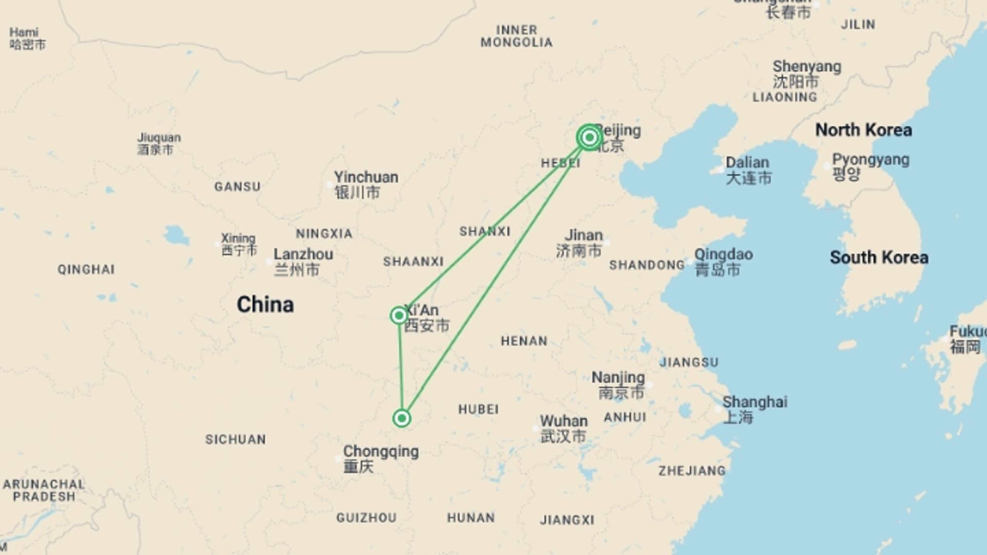 A map showing the tour itinerary for the trip: Majestic China & Yangtze River Cruise, starting in Beijing, China and ending in Yichang, China going through 2 other destinations.