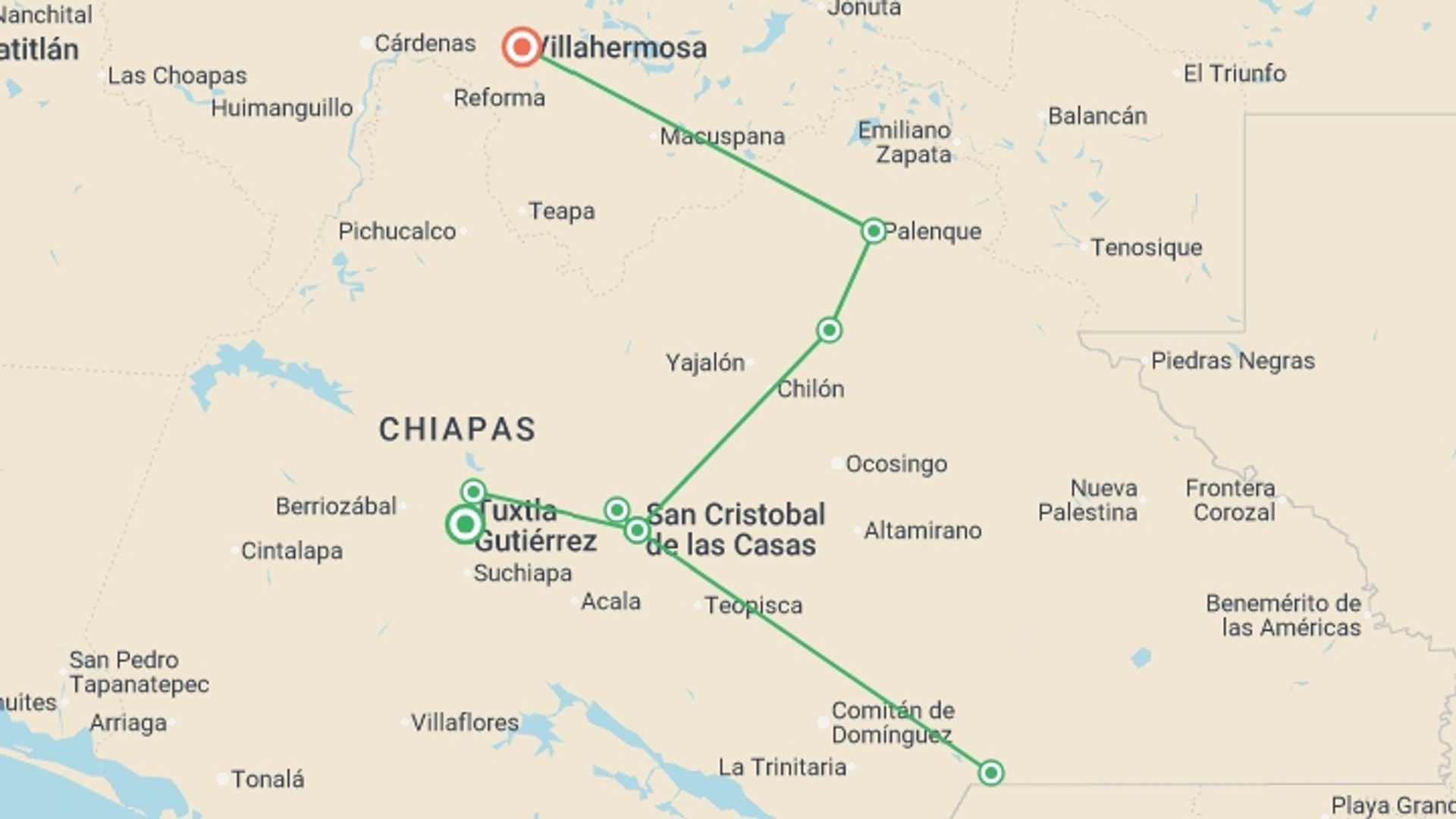 A map showing the tour itinerary for the trip: Chiapas Experience, starting in Tuxtla Gutiérrez, Mexico and ending in Villahermosa, Mexico going through 2 other destinations.