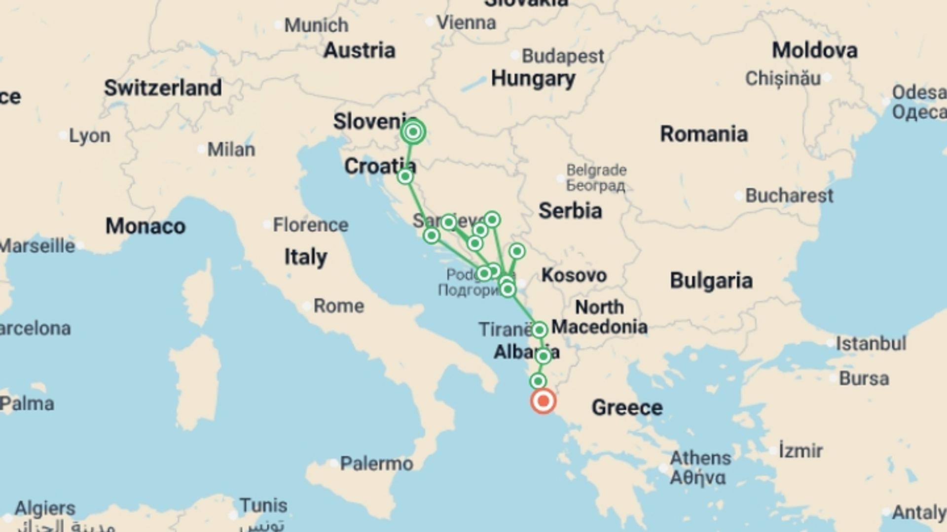 A map showing the tour itinerary for the trip: Zagreb to Corfu: Epic Hikes & Medieval Fortresses, starting in Zagreb, Croatia and ending in Corfu, Greece going through 14 other destinations.