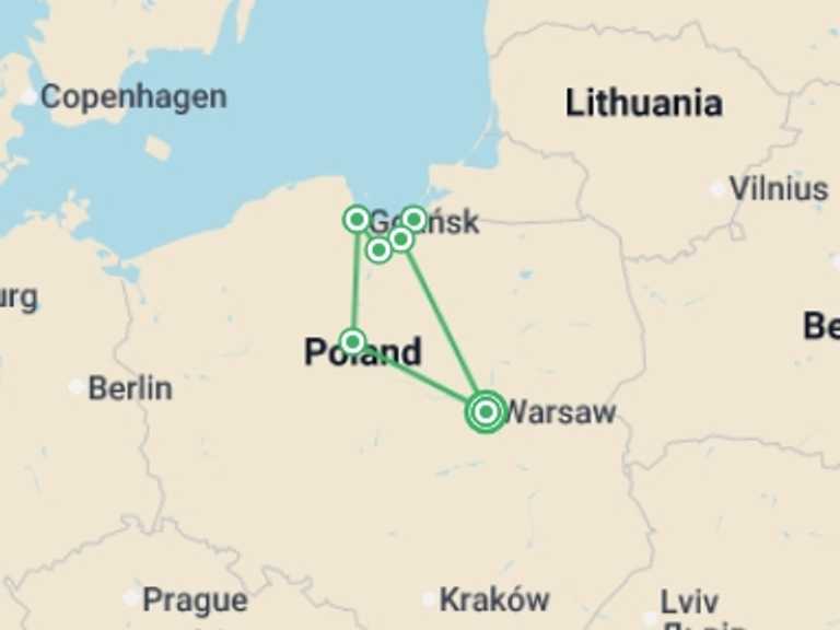 Map itinerary of Warsaw Tour in July 2026 with 2 destination visits for the trip: Polish Triangle