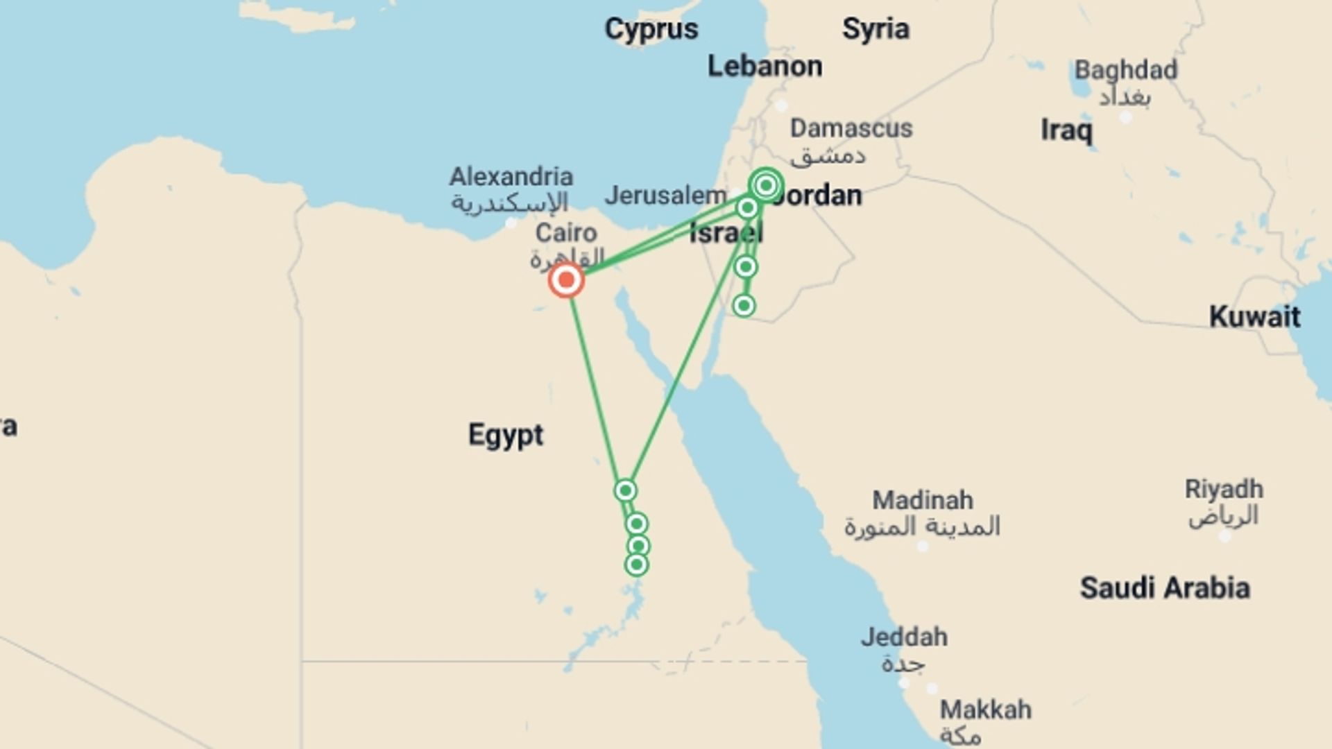 A map showing the tour itinerary for the trip: Journey Through Egypt and Jordan , starting in Amman, Jordan and ending in Cairo, Egypt going through 1 other destinations.