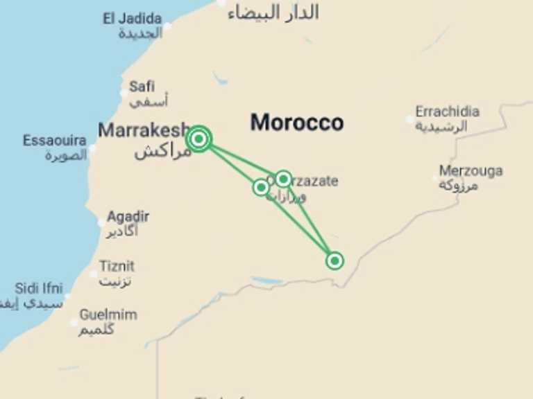 Map of Morocco Tour with 4 destination visits for the trip: Morocco: Marrakech & The Sahara