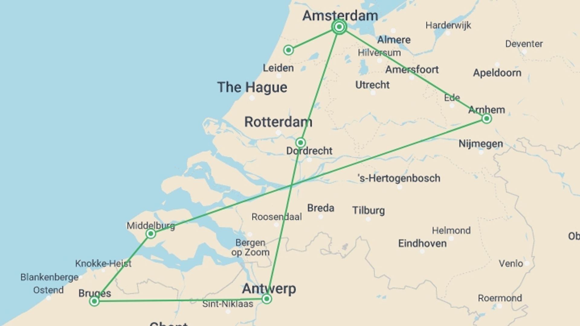 A map showing the tour itinerary for the trip: Holland and Belgium Springtime River Cruise, starting in Amsterdam, Holland and ending in Amsterdam, Holland going through 5 other destinations.