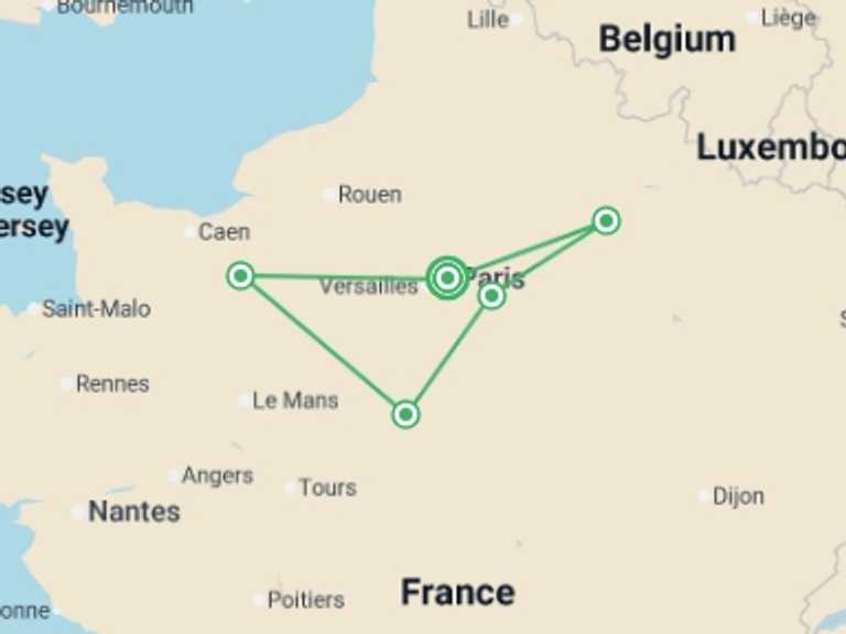 Map of 7-Day Paris Tour with 4 destination visits for the trip: France in a Week