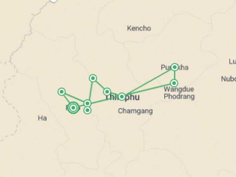 Map itinerary of Thimphu Tour in June 2026 with 10 destination visits for the trip: Druk Path Trek with Three Days Cultural Tour