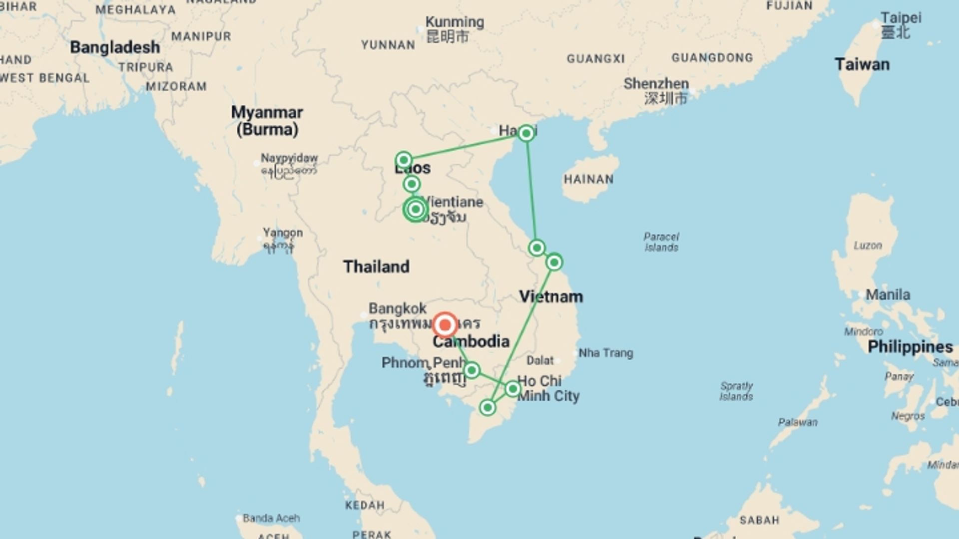 A map showing the tour itinerary for the trip: Inside Indochina - 20 days, starting in Vientiane, Laos and ending in Siem Reap, Cambodia going through 10 other destinations.