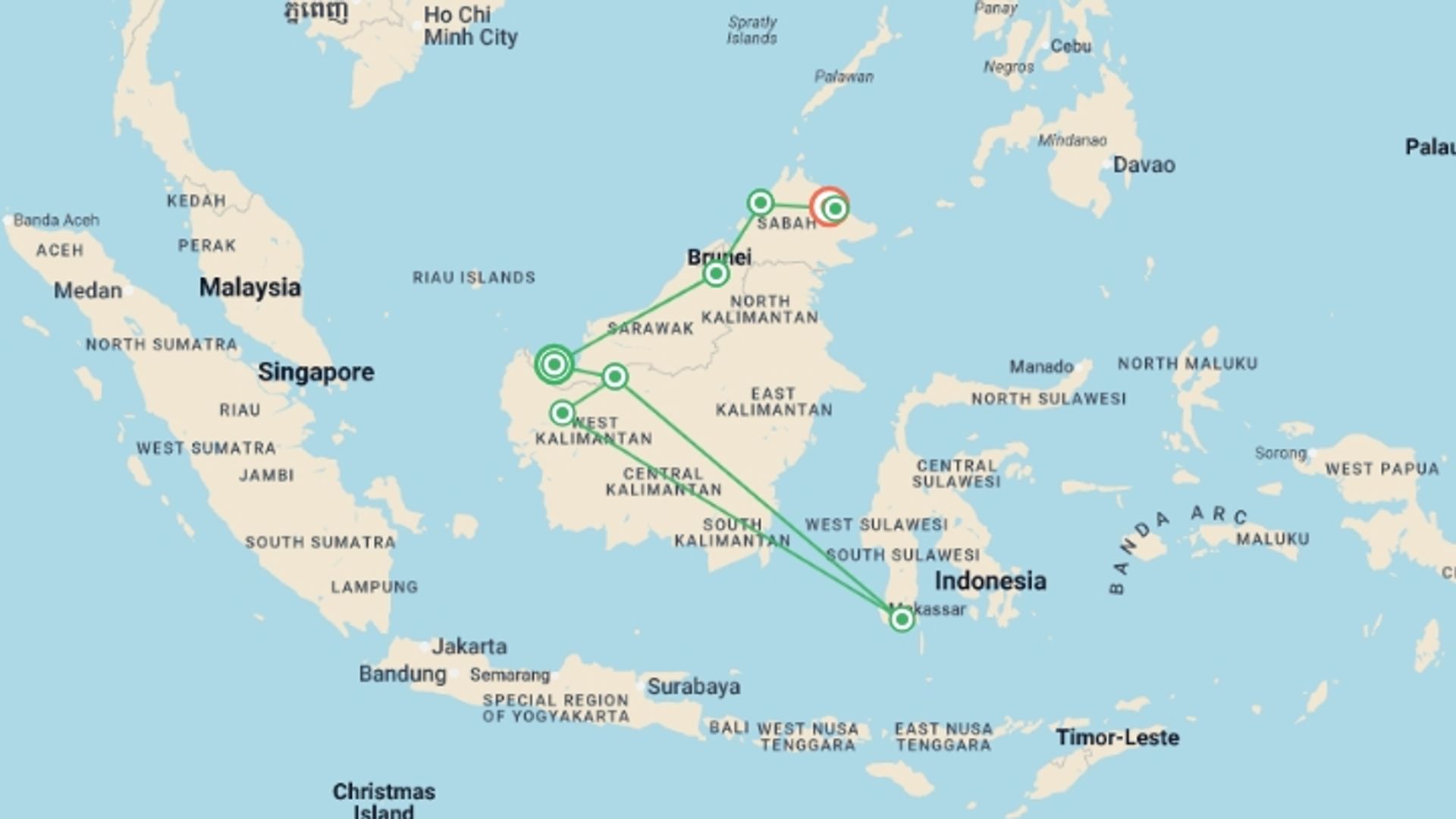A map showing the tour itinerary for the trip: Borneo Adventure, starting in Kuching, Malaysia and ending in Sepilok, Malaysia going through 6 other destinations.