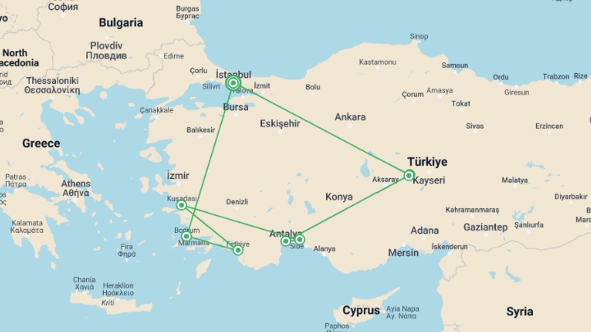 A map showing the tour itinerary for the trip: 13 Days Patterns Of Turkey Tour From/to Istanbul By Plane, starting in Istanbul, Turkey and ending in Istanbul, Turkey going through 7 other destinations.