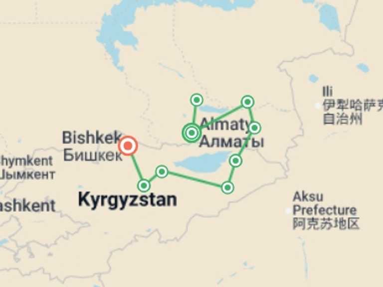 Map of Asia Bicycle Tour with 6 destination visits for the trip: Kazakhstan to Kyrgyzstan Adventure 12D/11N