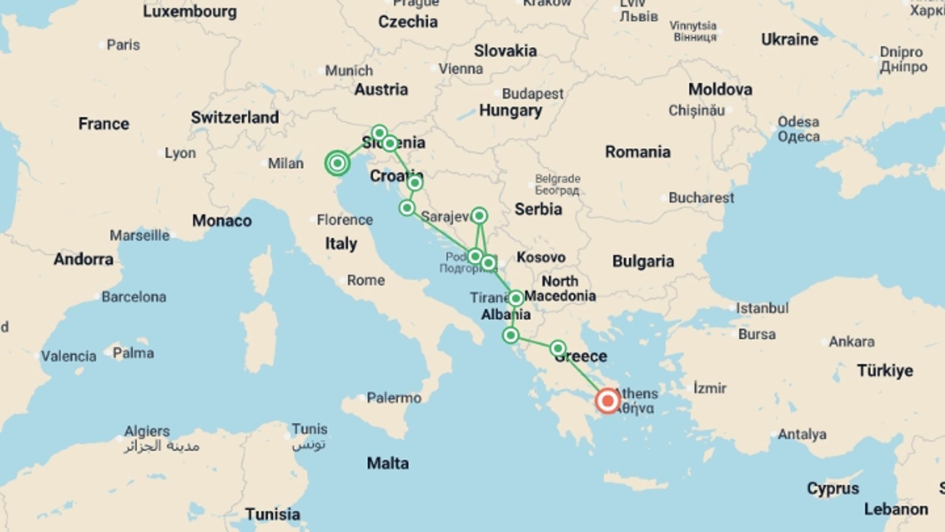 A map showing the tour itinerary for the trip: Play & Pause: Southeastern Europe Highlights, starting in undefined, Italy and ending in Athens, Greece going through 7 other destinations.
