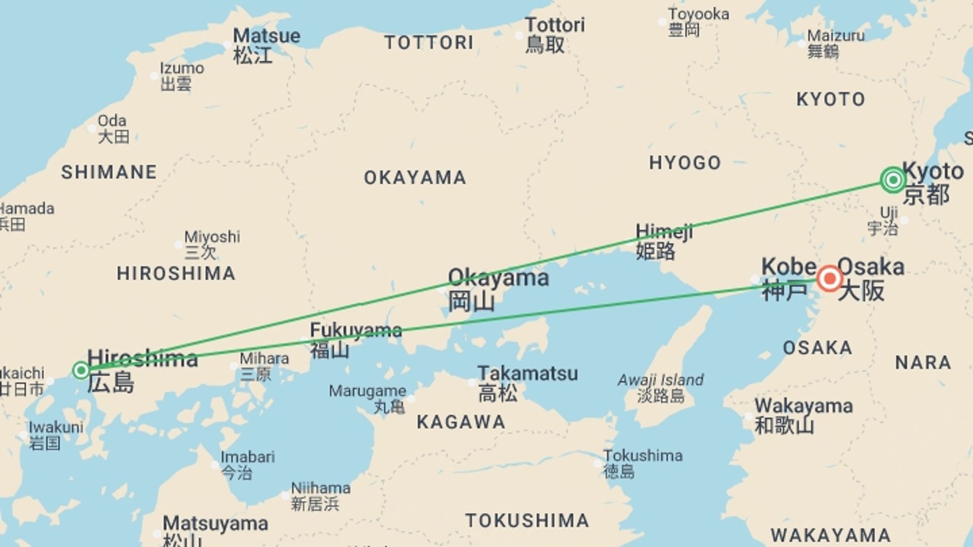 A map showing the tour itinerary for the trip: Japan: Castles & Cuisine, starting in Kyoto, Japan and ending in Osaka, Japan going through 1 other destinations.