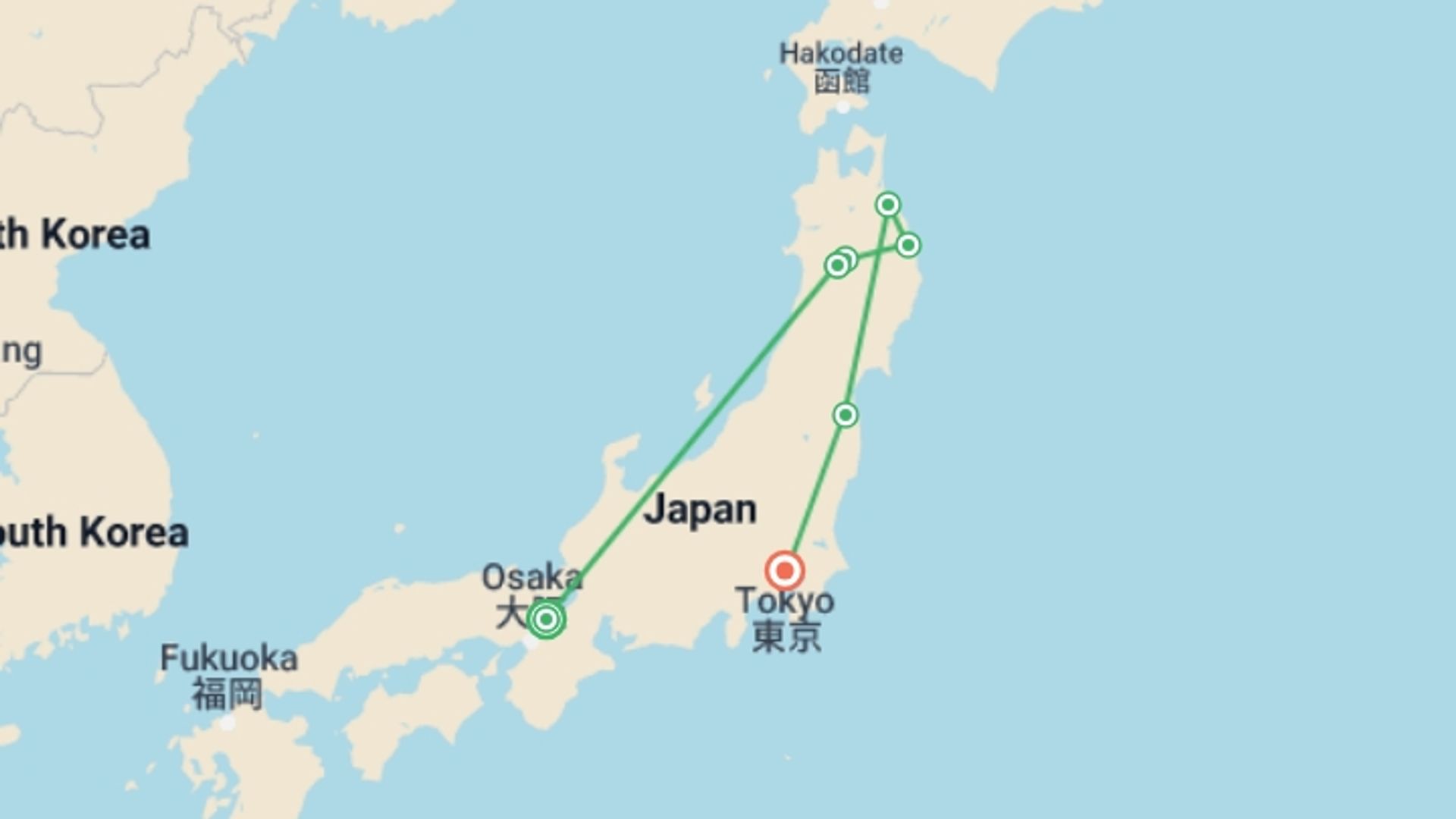 A map showing the tour itinerary for the trip: Japan: Kyoto, Tokyo & the Michinoku Coastal Trail, starting in Kyoto, Japan and ending in Tokyo, Japan going through 4 other destinations.