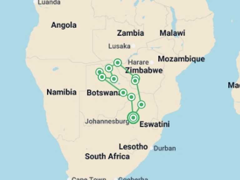 Map of Zimbabwe Explorer Tour with 10 destination visits for the trip: 12-day Delta, Chobe  Victoria Falls Accommodated