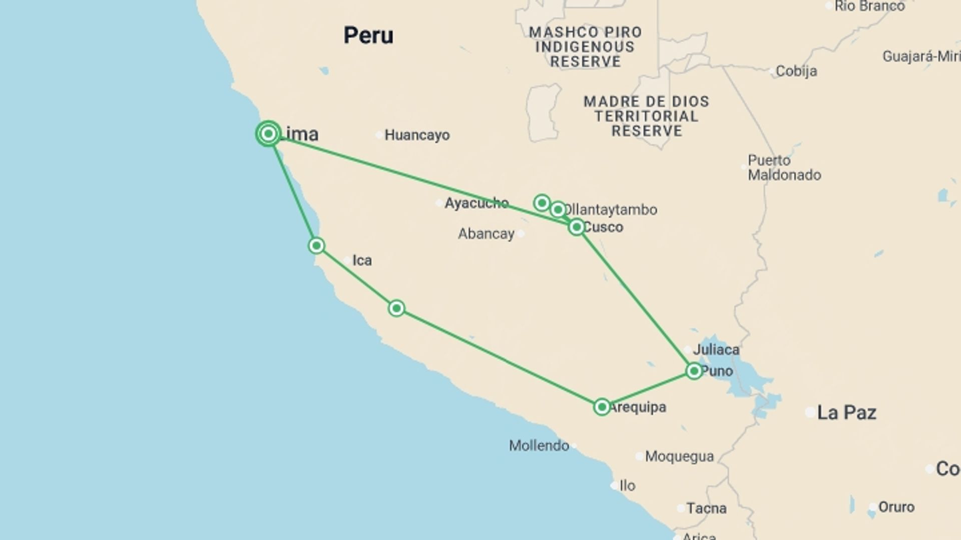 A map showing the tour itinerary for the trip: Majestic Peru, starting in Lima, Peru and ending in Lima, Peru going through 8 other destinations.