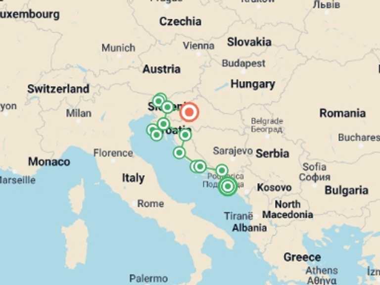 Map itinerary of Slovenia Tour in June 2026 with 6 destination visits for the trip: Best of the Adriatic