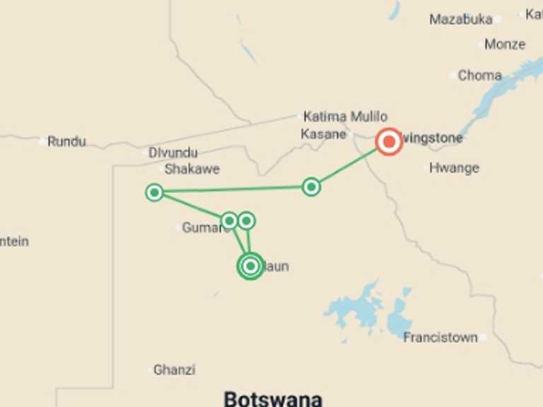 Map itinerary of Maun Tour in September 2026 with 6 destination visits for the trip: Upgraded - Botswana Wildlife Safari