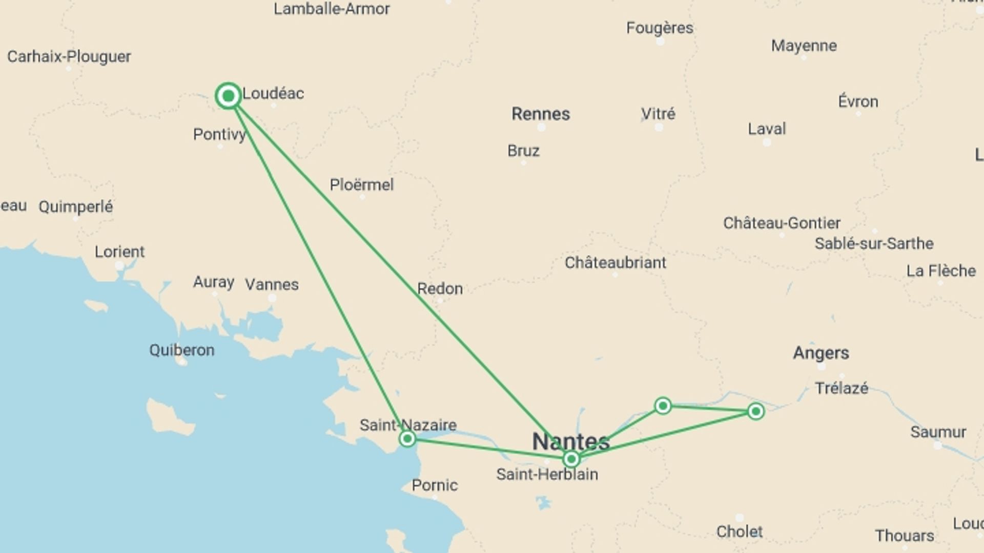A map showing the tour itinerary for the trip: Royal New Year cruise on the Loire (port-to-port cruise), starting in Brittany, France and ending in Brittany, France going through 5 other destinations.