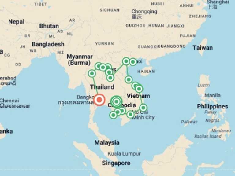Map of Asia Tour with 19 destination visits for the trip: Siem Reap to Bangkok: Sandy Beaches, City Life & Street Food
