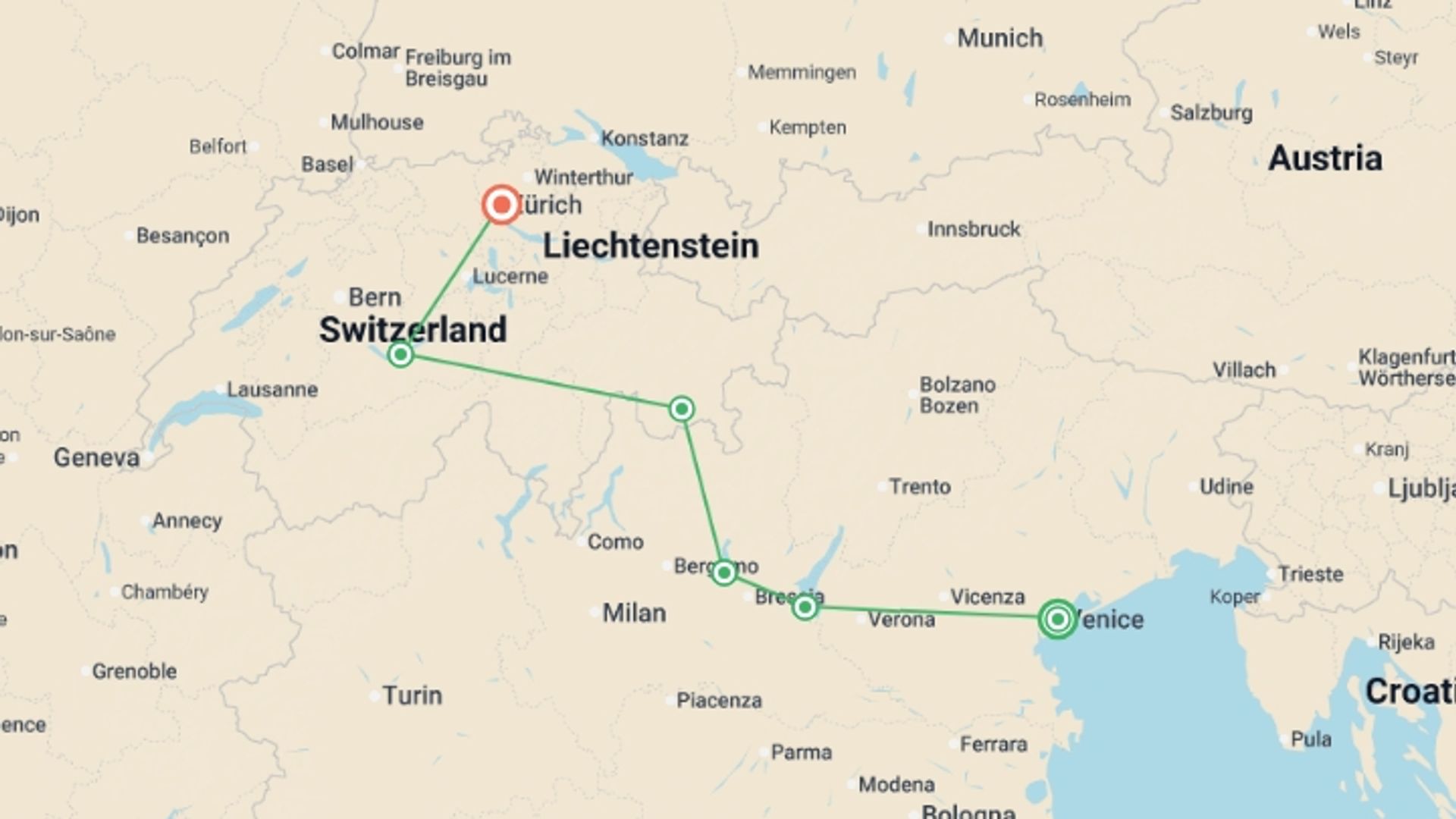A map showing the tour itinerary for the trip: Vistas of Italy and Switzerland, starting in Venice, Italy and ending in Zurich, Switzerland going through 4 other destinations.