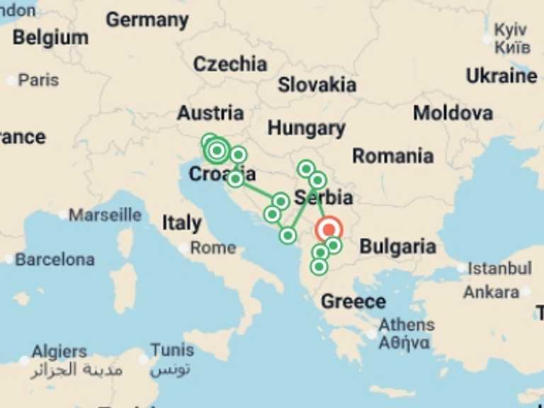 Map of a Train Tour with 13 destination visits for the trip: Balkans Rail Adventure