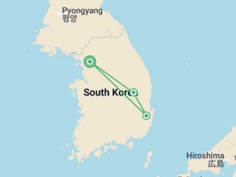 Map itinerary of South Korea Tour in Spring with 3 destination visits for the trip: Seoul & Silla Kingdoms 4 star - 6 days