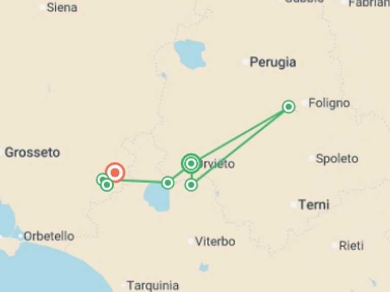 Map of Europe Trekking and Hiking Tour with 4 destination visits for the trip: Hilltop Towns of Italy