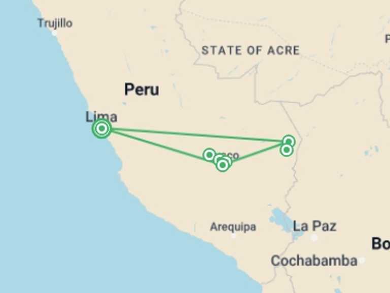 Map itinerary of Lima Tour in July 2027 with 5 destination visits for the trip: Peru Family Journey: Machu Picchu to the Amazon