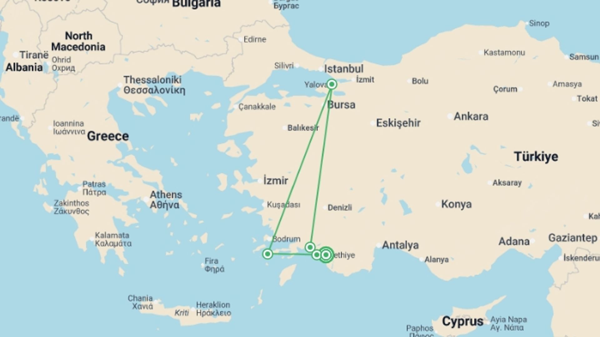 A map showing the tour itinerary for the trip: Lycian Coast Boat & Bike, starting in Fethiye, Turkey and ending in Fethiye, Turkey going through 5 other destinations.