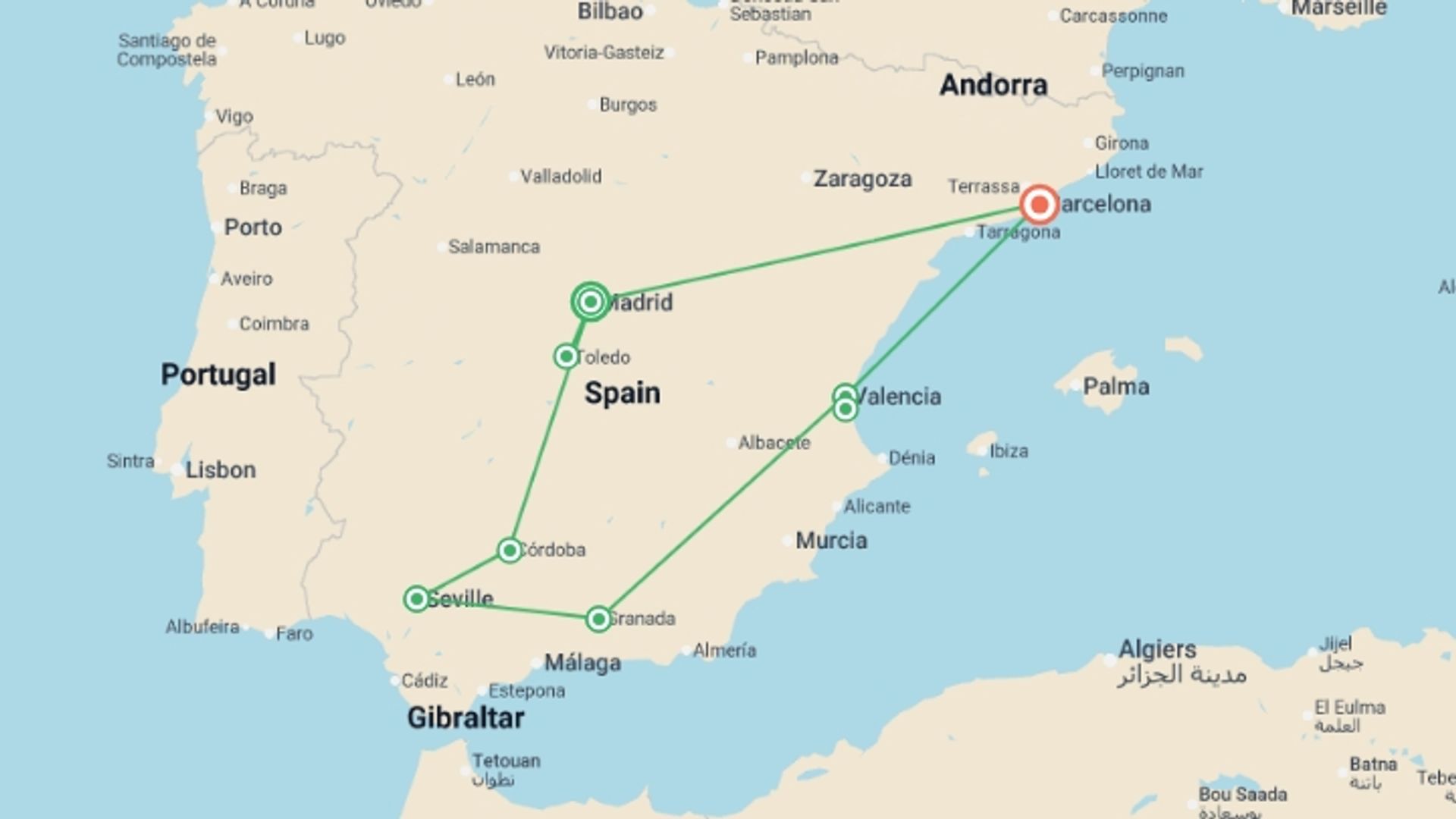 A map showing the tour itinerary for the trip: Premium Spain, starting in Madrid, Spain and ending in Barcelona, Spain going through 4 other destinations.