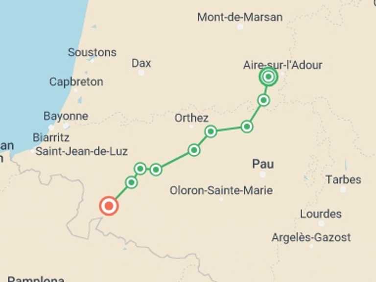 Map of Europe Tour with 12 destination visits for the trip: Le Puy Camino - Aire sur l'Adour to the Pyrenees
