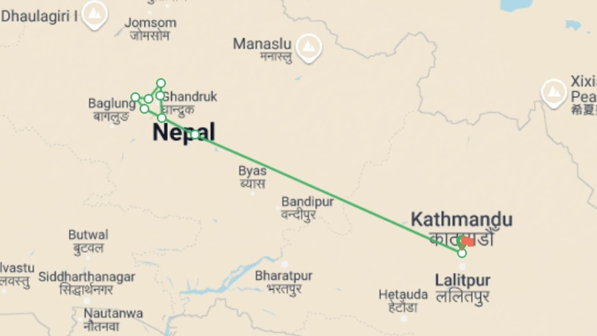 A map showing the tour itinerary for the trip: Annapurna Panorama trek, starting in Kathmandu, Nepal and ending in Kathmandu, Nepal going through 8 other destinations.