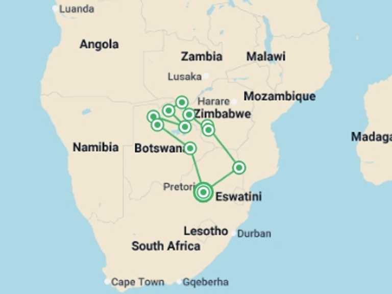 Map itinerary of Africa Tour in April 2027 with 10 destination visits for the trip: Botswana and Zimbabwe Explorer