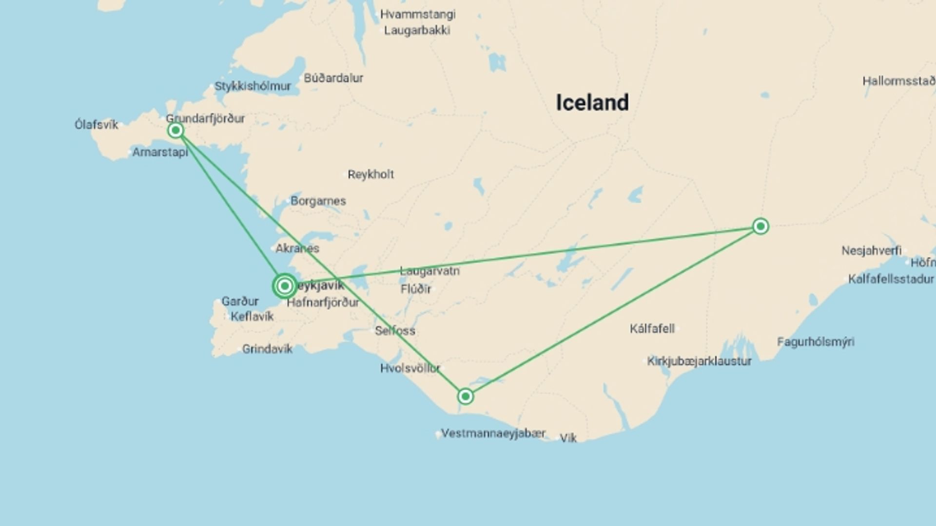 A map showing the tour itinerary for the trip: Iceland Winter Express - 4 days , starting in Reykjavik, Iceland and ending in Reykjavik, Iceland going through 3 other destinations.
