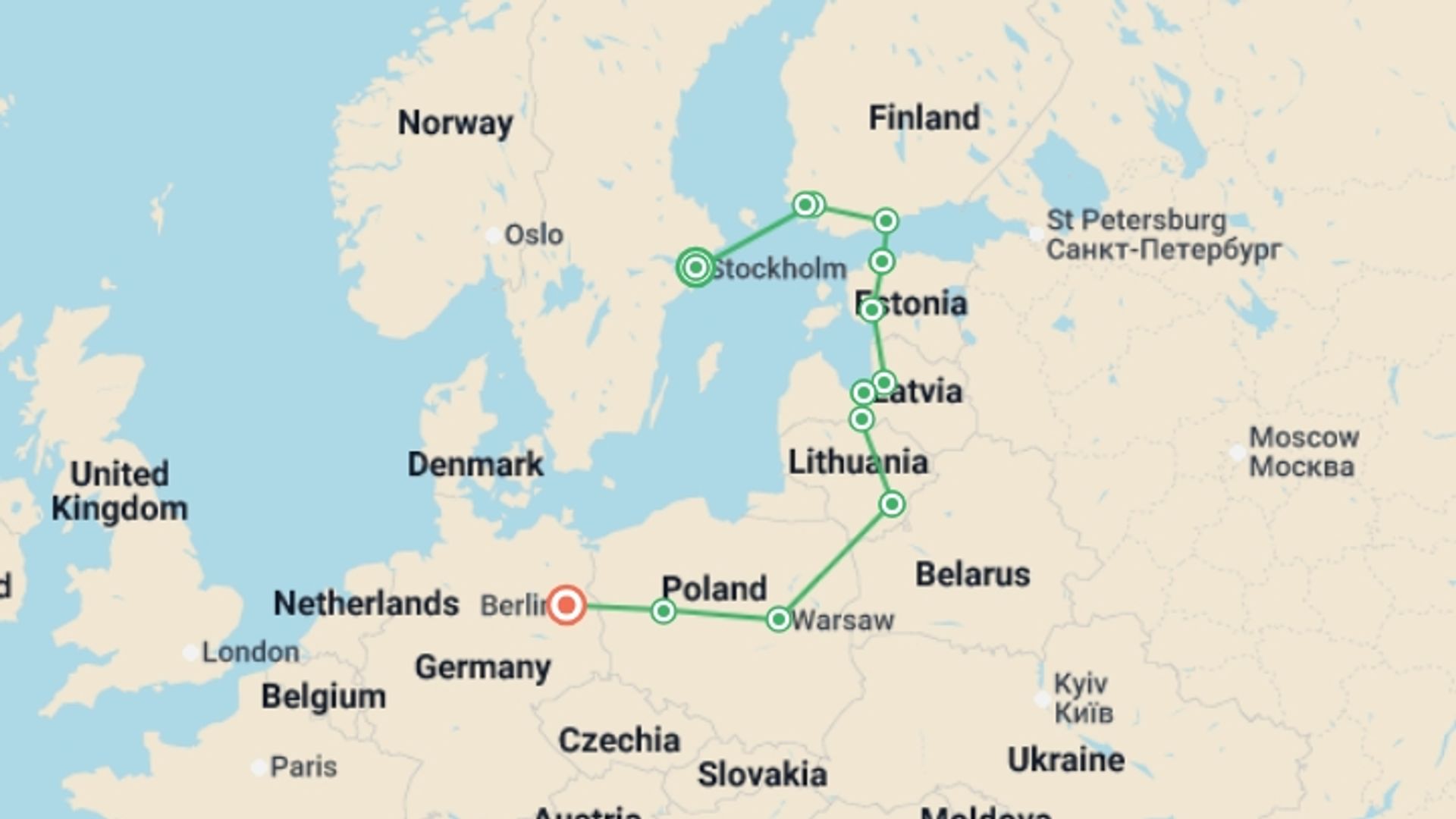 A map showing the tour itinerary for the trip: Baltic Capitals End Berlin, starting in Stockholm, Sweden and ending in Berlin, Germany going through 7 other destinations.