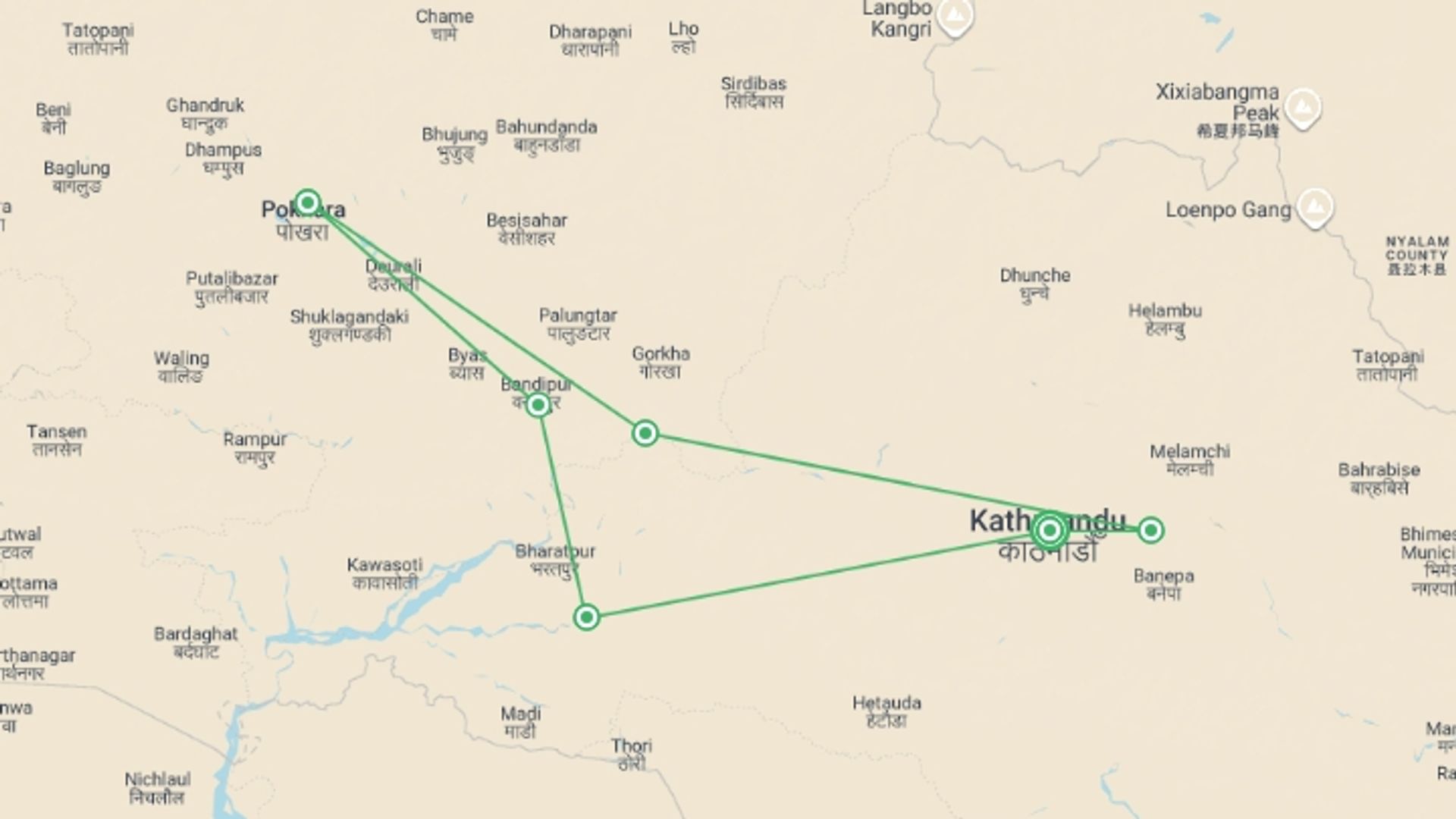 A map showing the tour itinerary for the trip: Discover Nepal, starting in Kathmandu, Nepal and ending in Kathmandu, Nepal going through 5 other destinations.