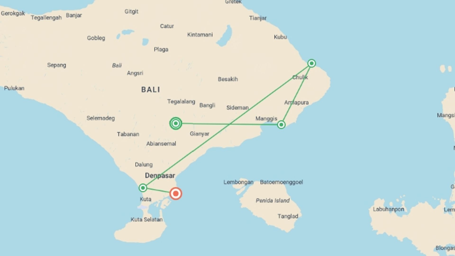 A map showing the tour itinerary for the trip: Bali Family Holiday with Teenagers, starting in Ubud, Indonesia and ending in Sanur, Indonesia going through 3 other destinations.